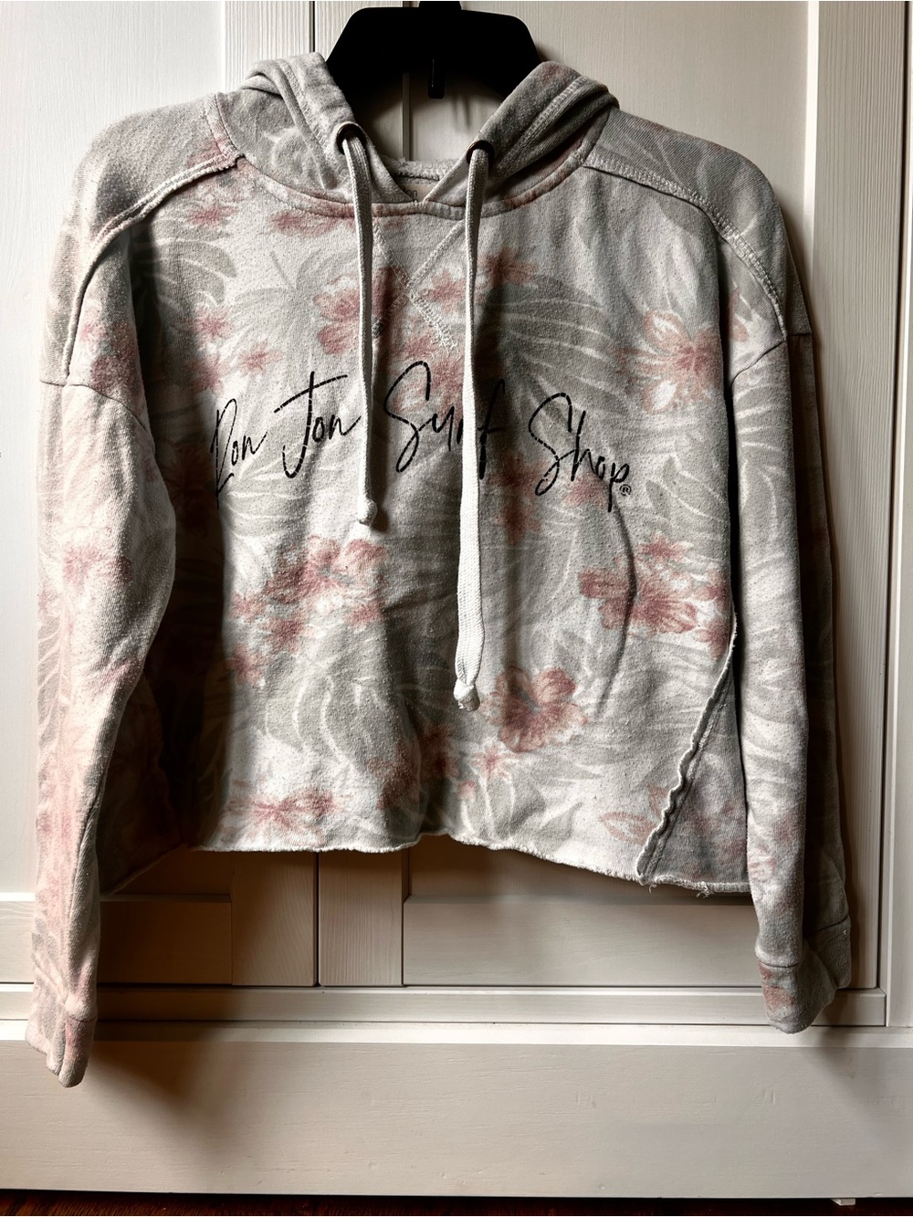 Ron Jon Floral Cropped Hoodie Sweater - Gray & Pink